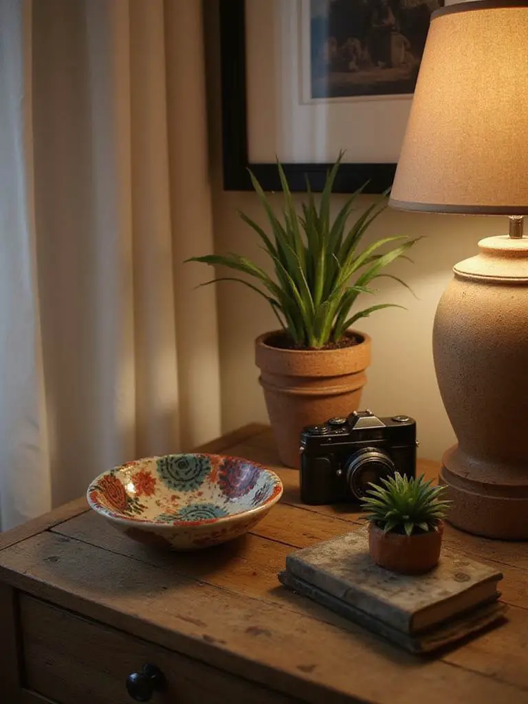 A cozy nightstand displaying unique decorative objects including a ceramic bowl and a vintage camera.