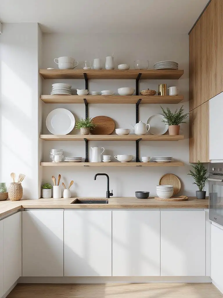 Modern kitchen with open shelving showcasing dishware and decor