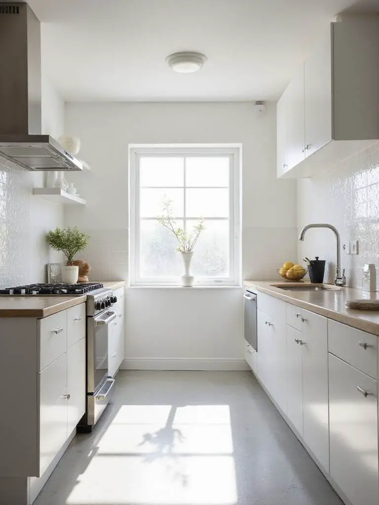 A bright small kitchen with light reflective paint colors, showcasing a modern and airy design.