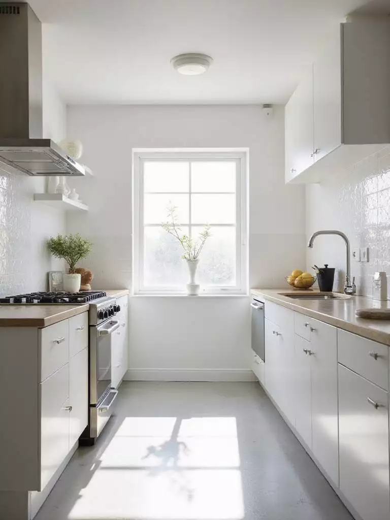 A bright small kitchen with light reflective paint colors, showcasing a modern and airy design.