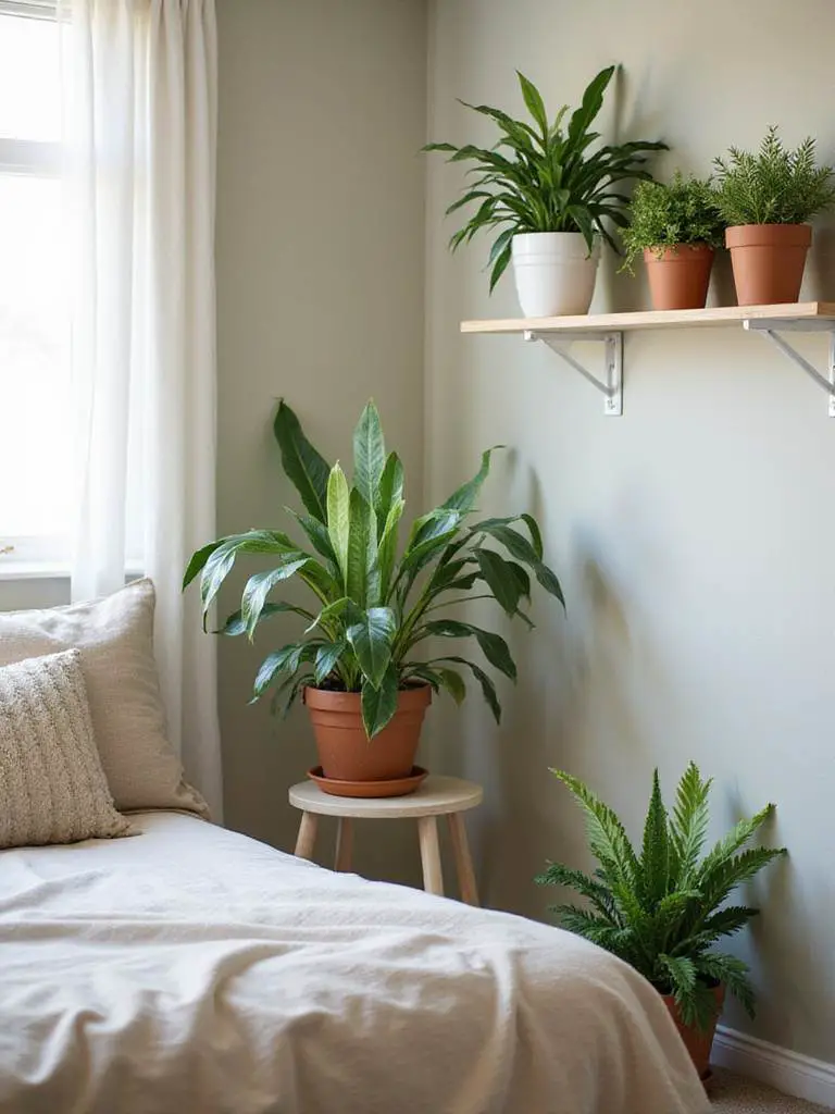 A cozy bedroom decorated with low-cost houseplants, showcasing a serene atmosphere.