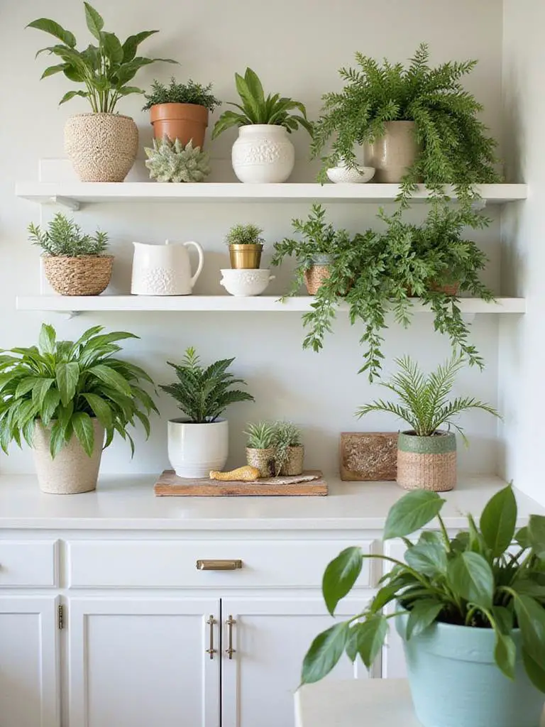 Coastal kitchen featuring vibrant coastal-friendly plants on shelves and countertops.