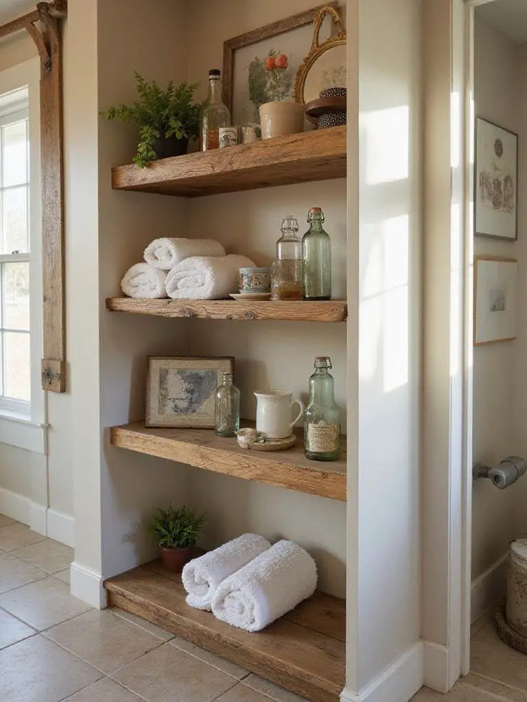 Rustic bathroom with open shelving made from reclaimed barn wood, decorated with towels and plants.