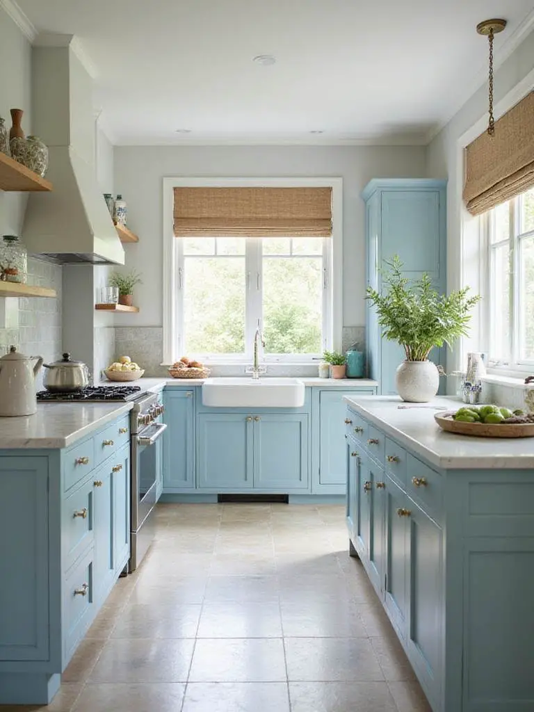 Coastal kitchen featuring soft ocean hues in muted colors.
