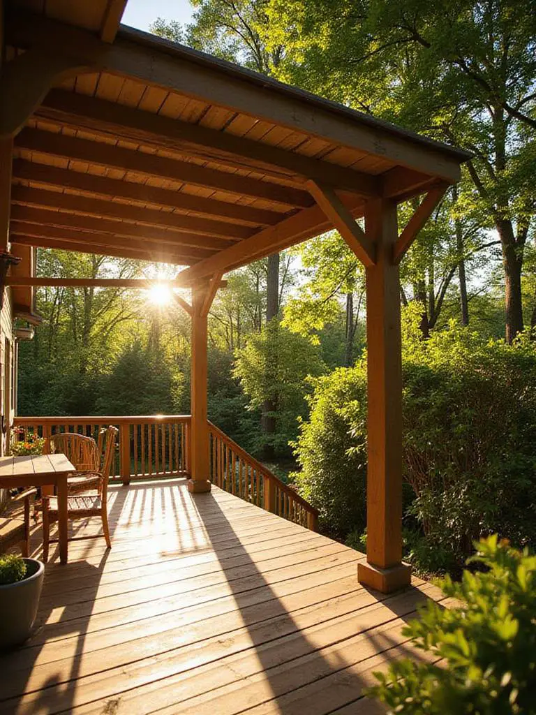 A pergola-style porch with dappled sunlight filtering through the rafters, surrounded by greenery.