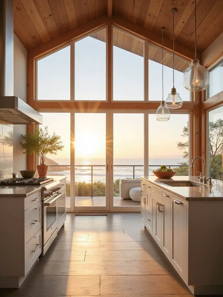 Coastal kitchen with large windows allowing natural light to flood the space