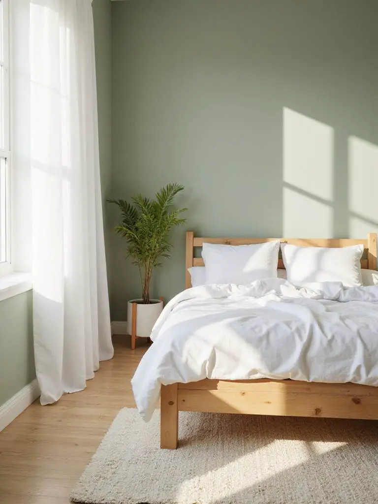 Serene bedroom with calming color palette in sage green and white linens