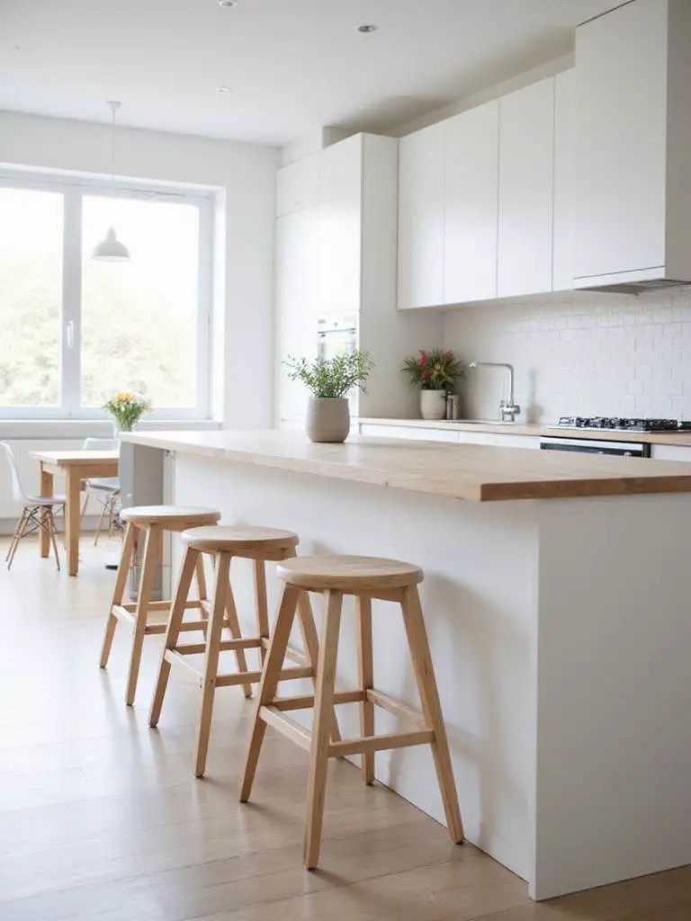 Scandinavian kitchen with simple bar stools at a kitchen island