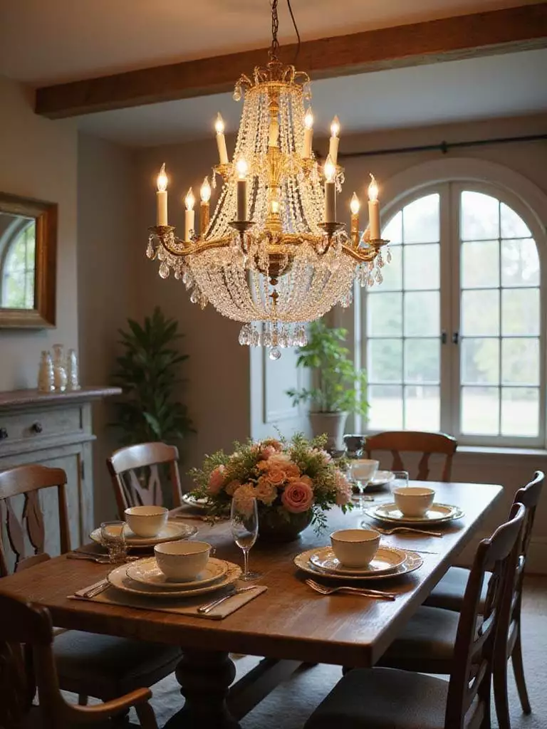 Elegant chandelier hanging over a beautifully set dining table in a cozy dining room.