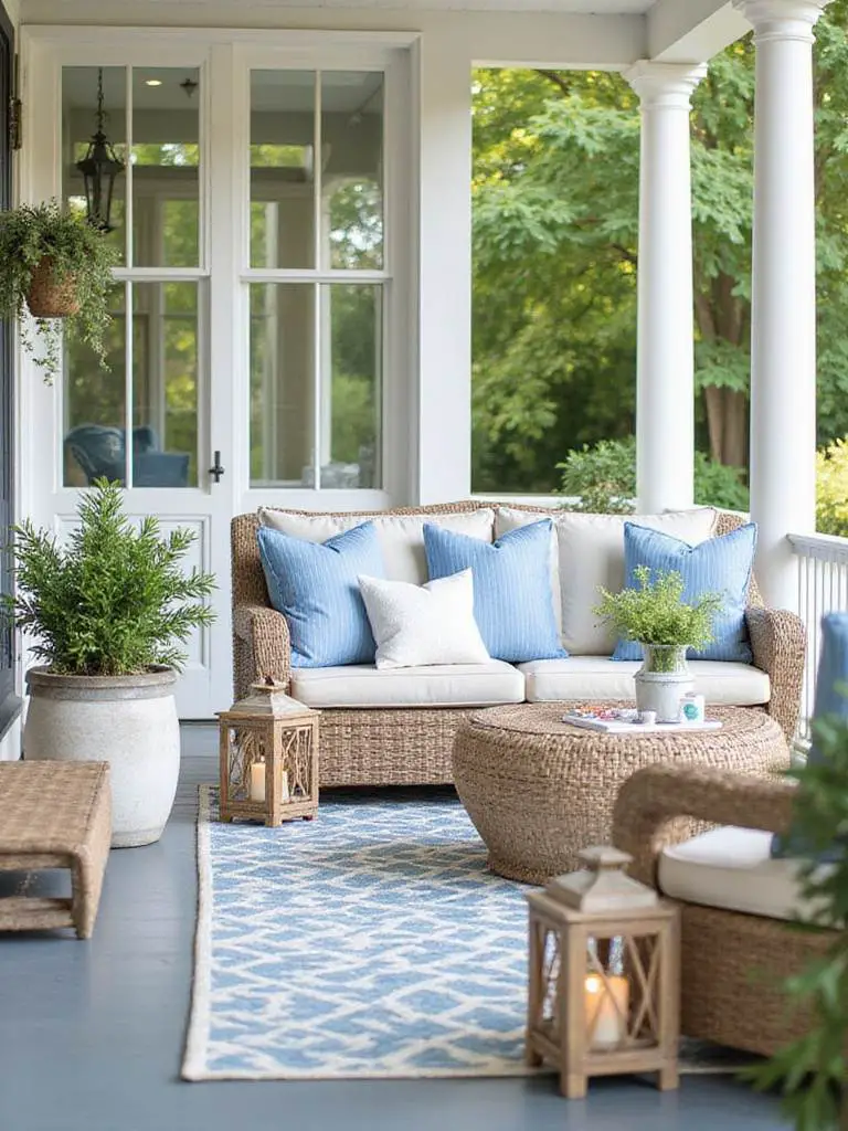 Coastal themed porch decor with wicker furniture and green plants