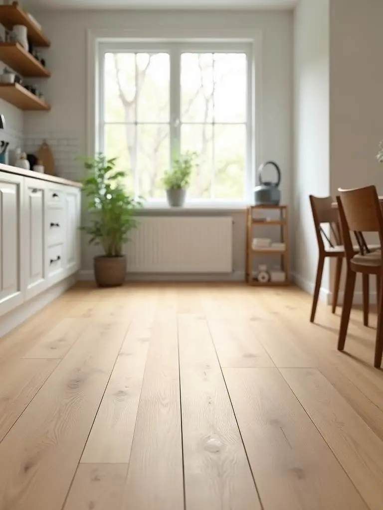 Scandinavian kitchen with light wood flooring and natural light.