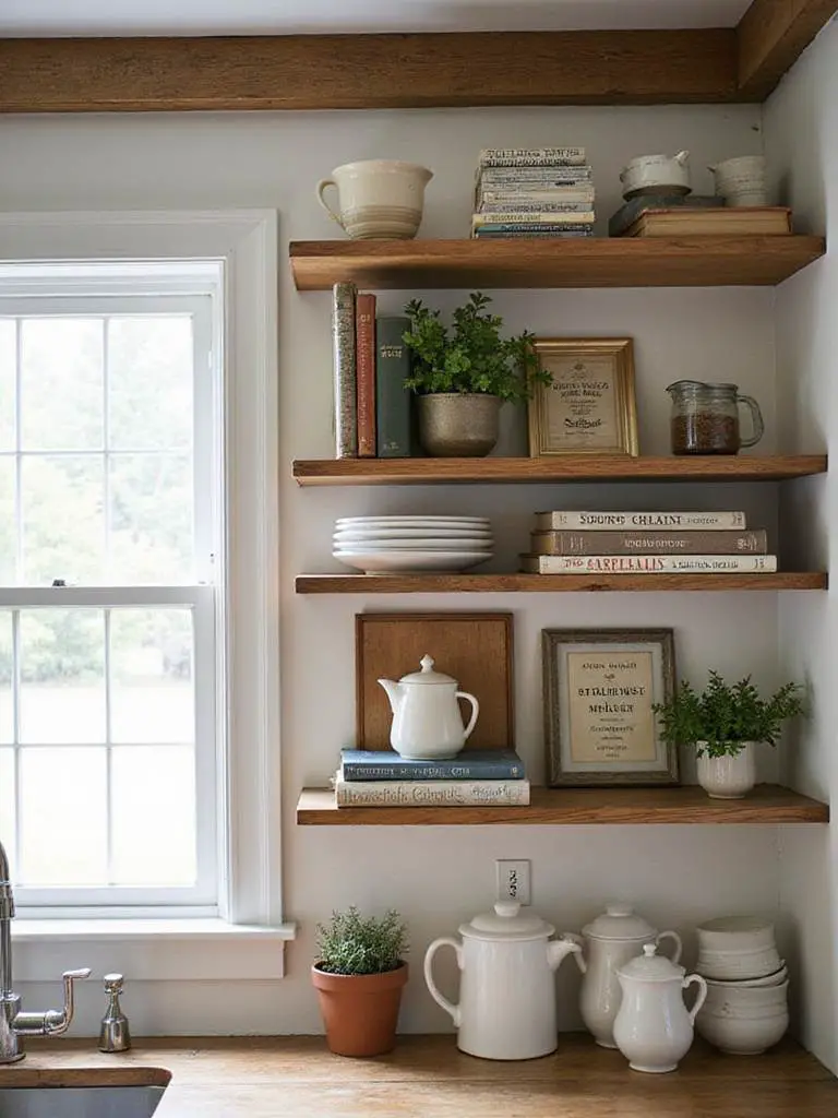 Rustic kitchen with open shelving displaying curated items