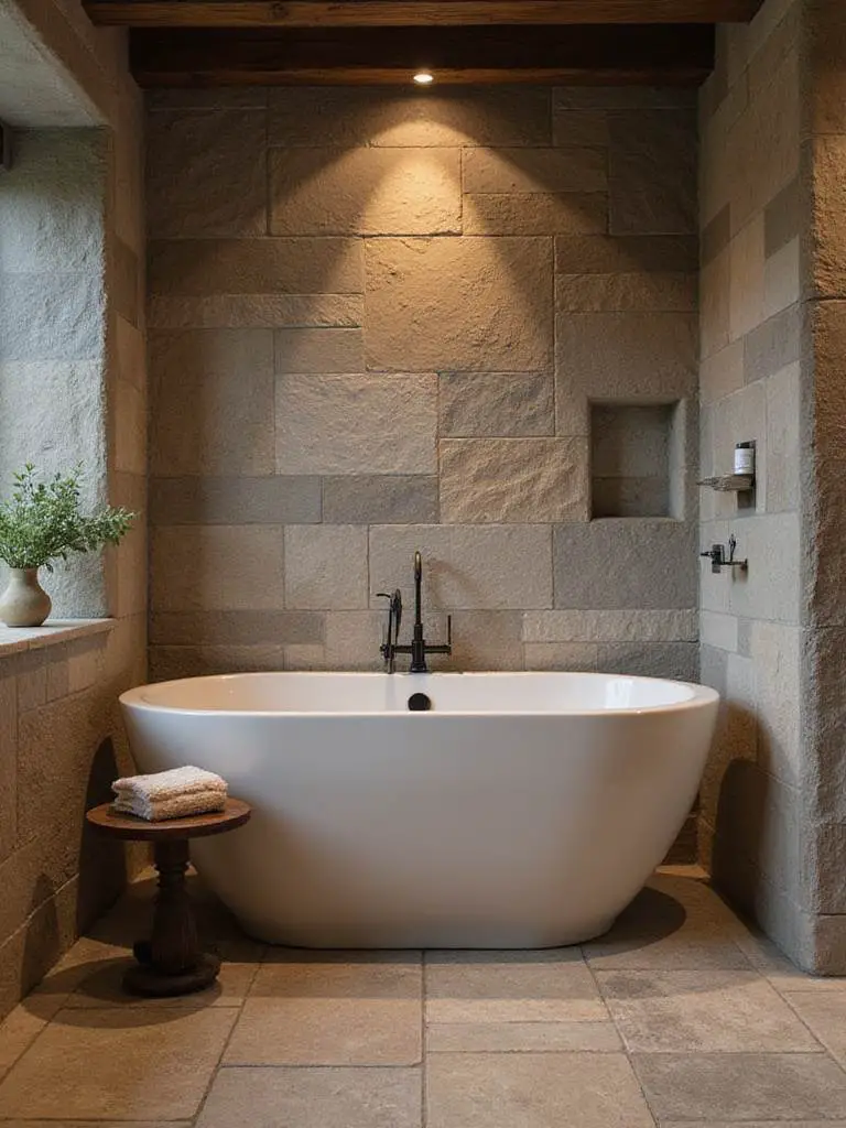Rustic bathroom with natural stone or slate tiles