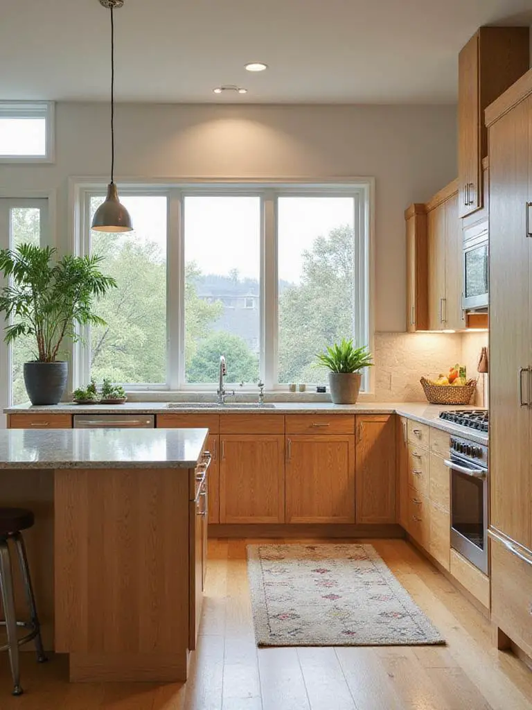 Modern kitchen with sustainable materials like bamboo cabinetry and recycled glass countertops