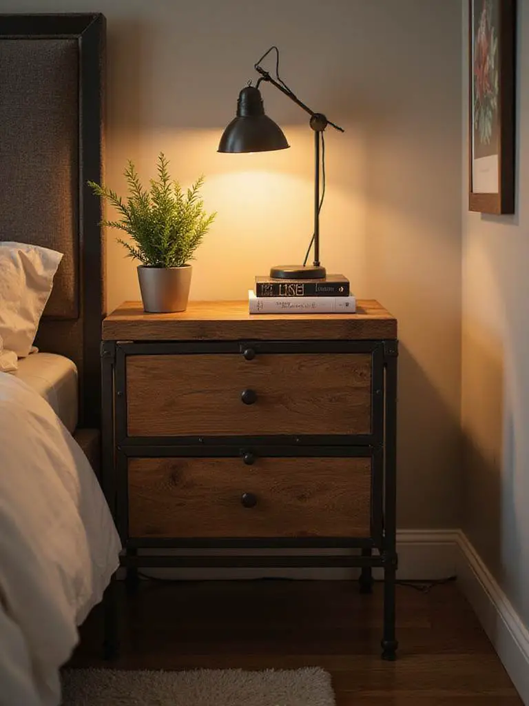 Styled nightstand in a cozy bedroom with decorative elements