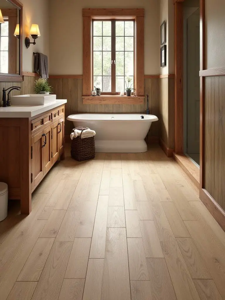 Rustic bathroom with durable wood-look tile flooring, showcasing the wood-like texture and warm ambiance.