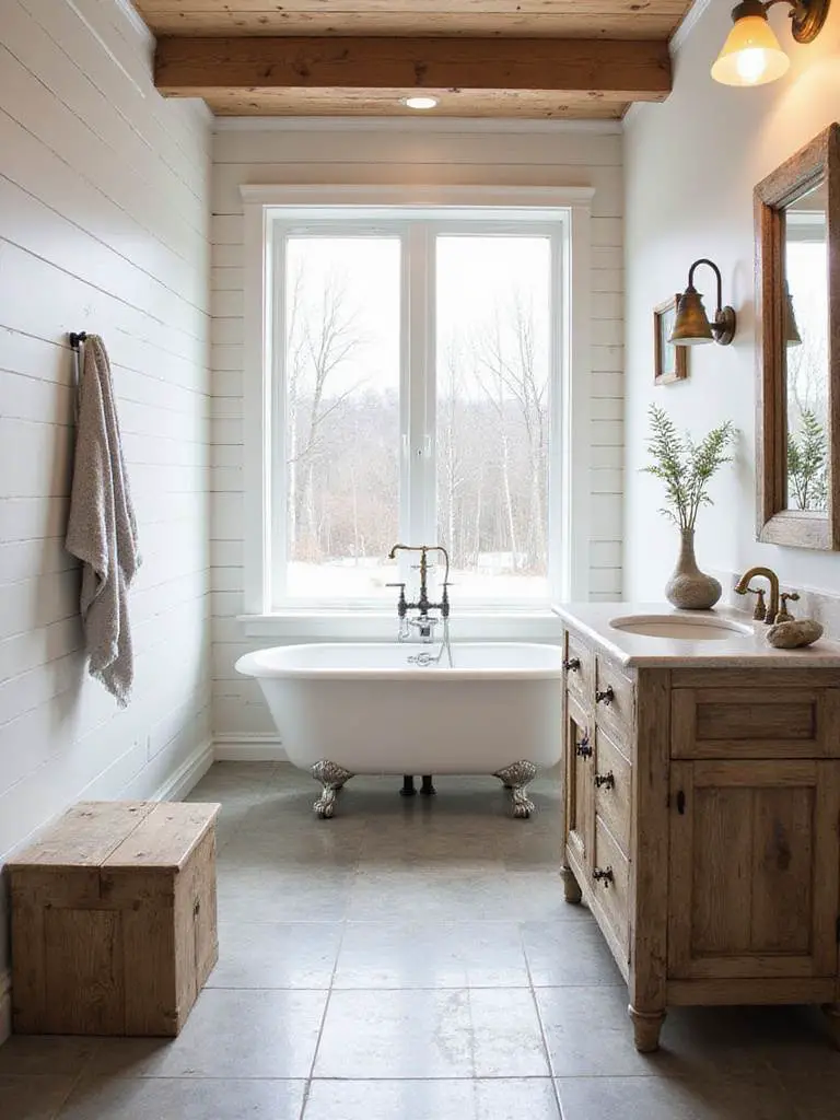 Rustic bathroom design showcasing farmhouse, cabin, and lodge styles with natural light and warm accents.