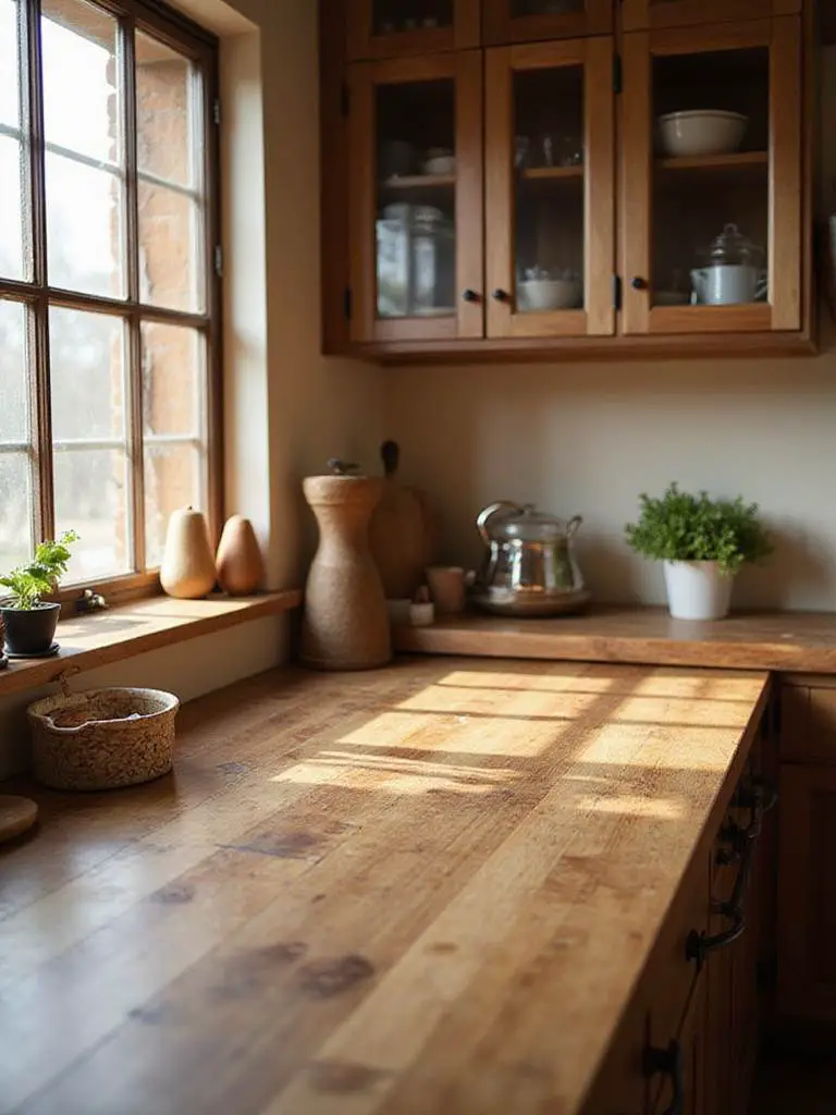Rustic kitchen with butcher block countertops bathed in natural light.