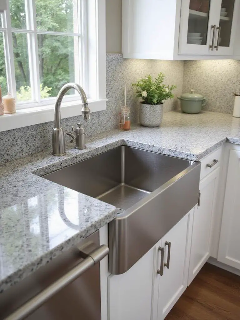 Modern kitchen featuring a large single-bowl undermount sink with granite countertops.