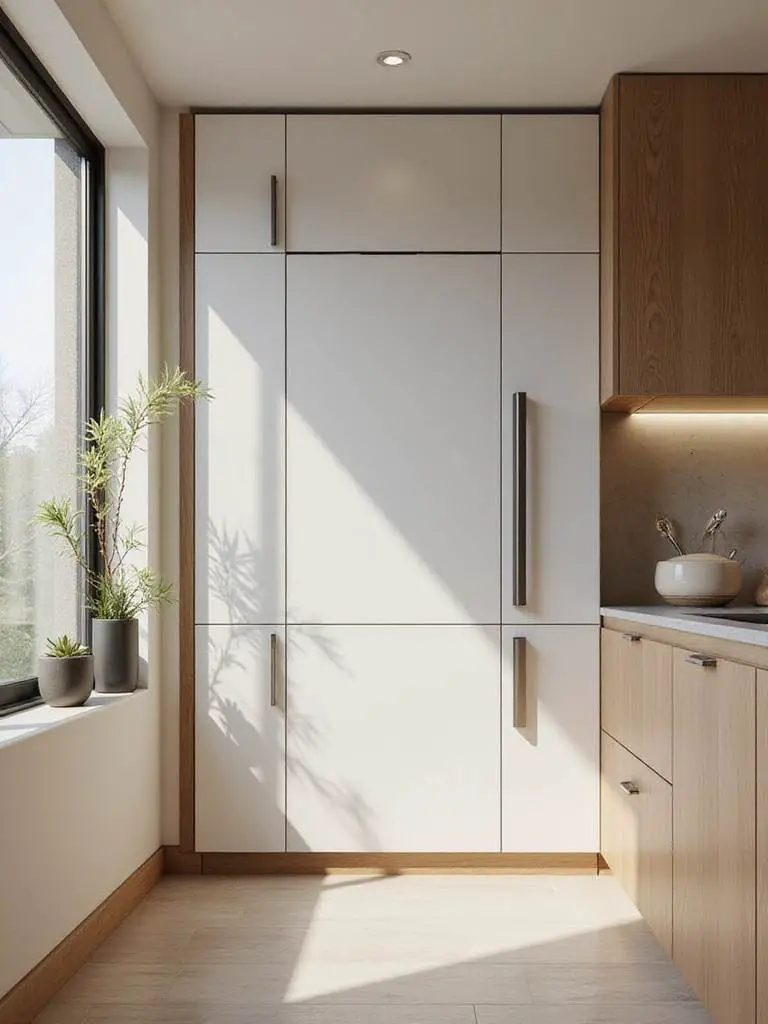 Modern kitchen with hidden panel solutions for appliances and storage, showcasing a minimalist design.
