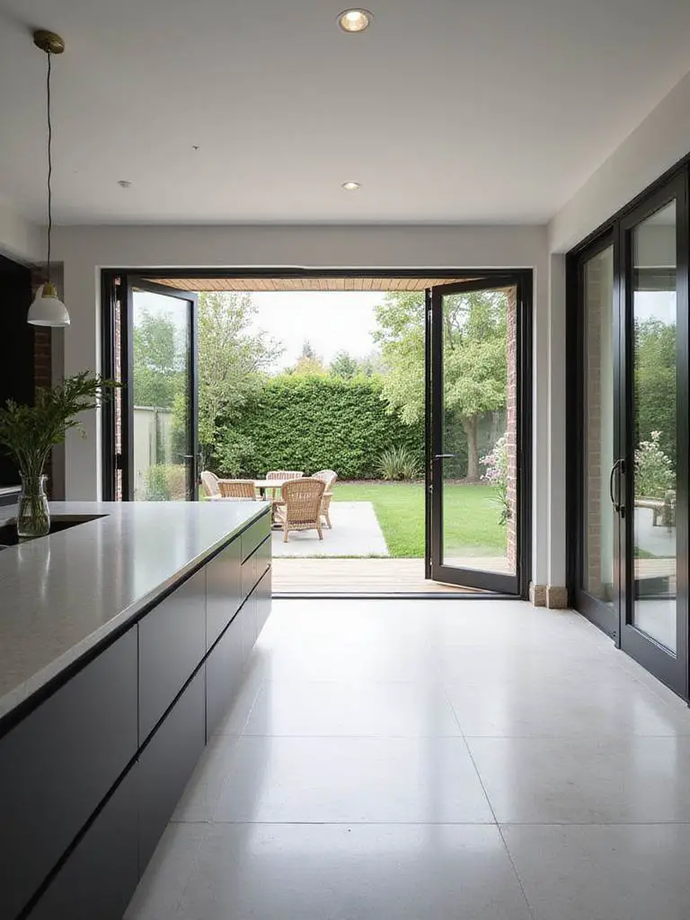 Modern kitchen with bi-fold doors opening to a patio, showcasing seamless indoor-outdoor living.