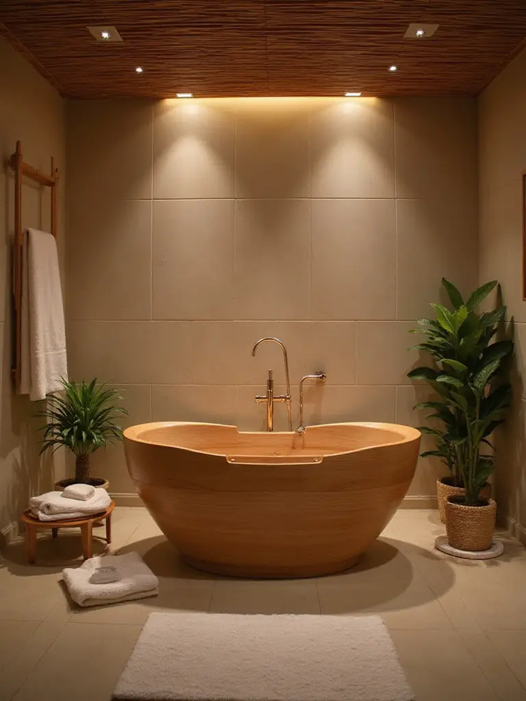 A serene bathroom featuring a unique Hinoki wood bathtub, designed for a spa-like retreat atmosphere.