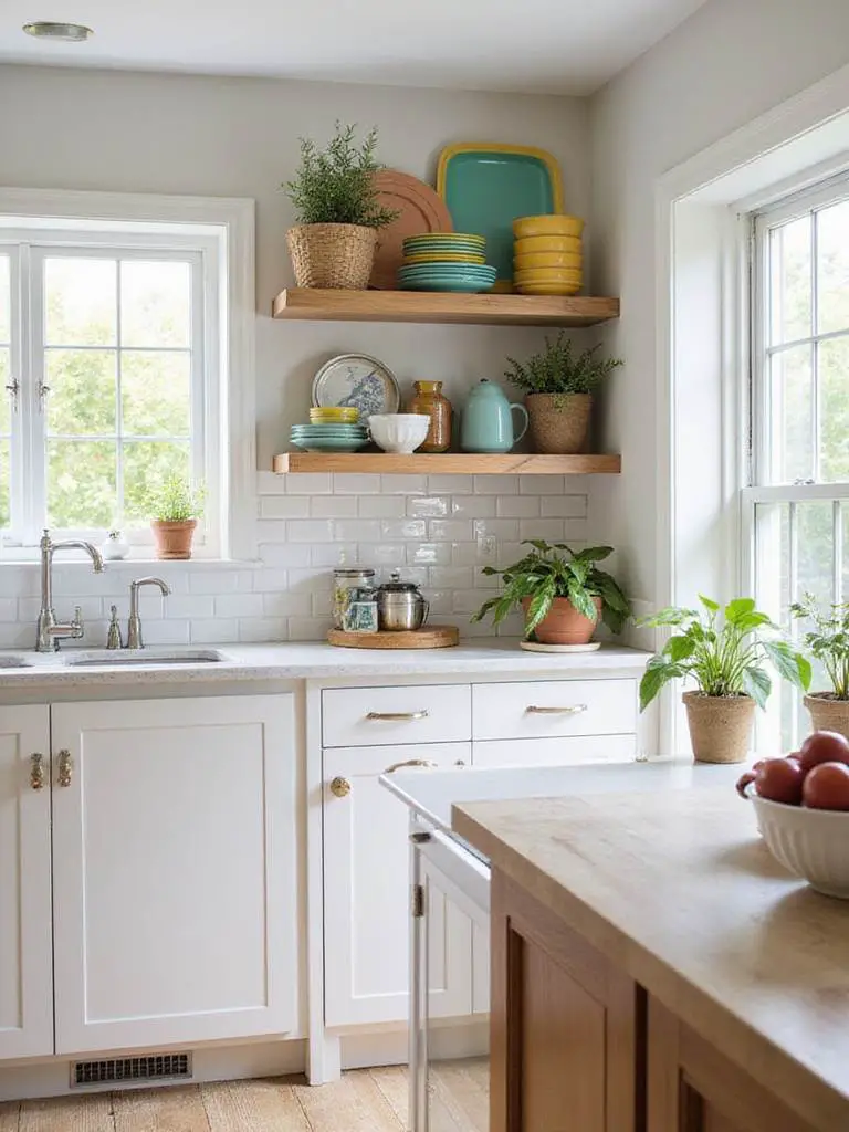 A stylish kitchen with open shelving displaying colorful kitchenware and decor.