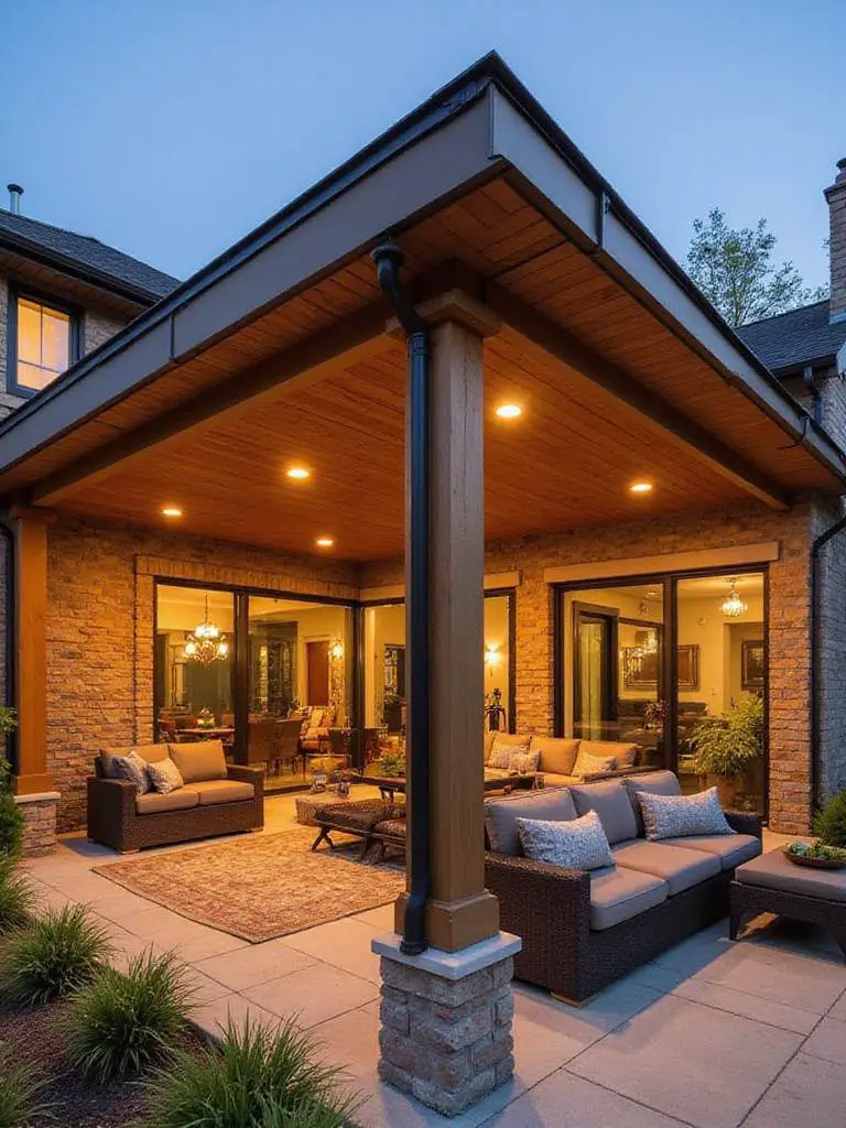 A modern covered patio extension with stylish outdoor furniture and integrated lighting, designed for all-weather living.