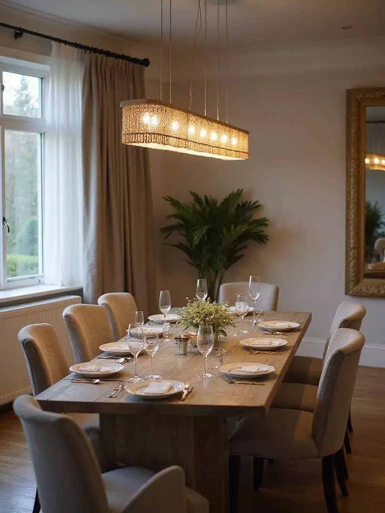 Elegant dining room with matched light fixture and table shape