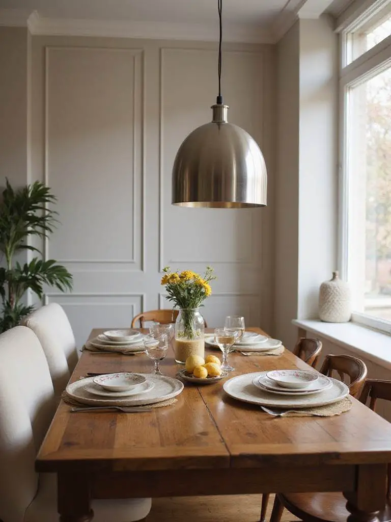 Dining room with brushed nickel light fixture over a wooden table, highlighting cohesive design.