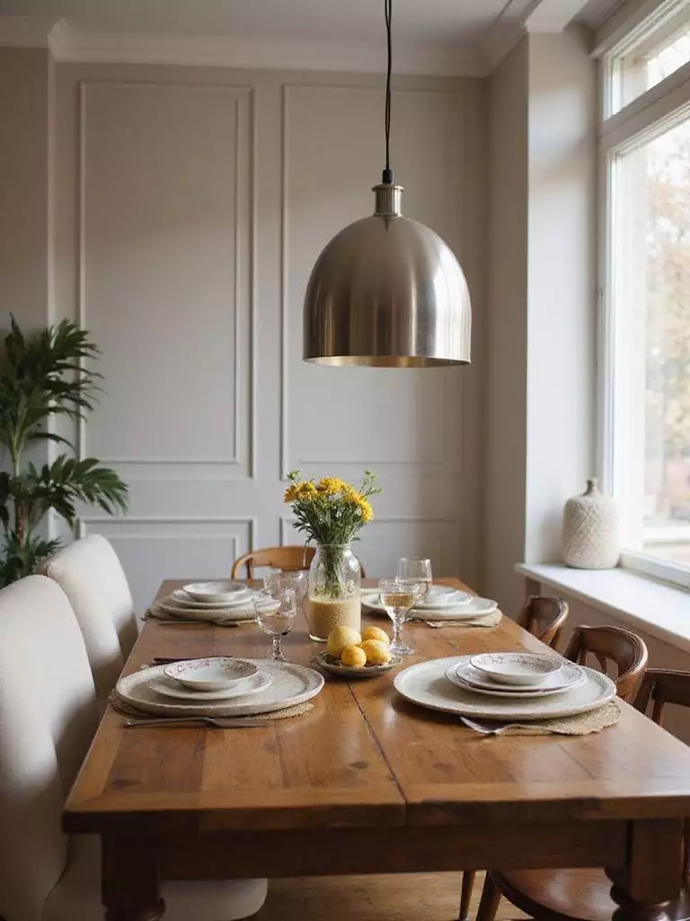 Dining room with brushed nickel light fixture over a wooden table, highlighting cohesive design.