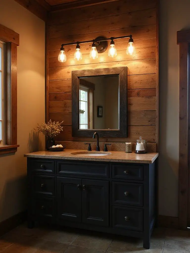 Rustic bathroom with Edison bulb fixtures creating a warm ambiance.