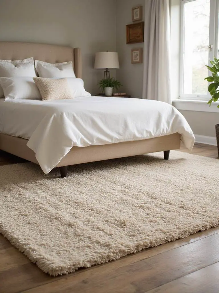 A soft, textural area rug anchoring a king-sized bed in a beautifully decorated bedroom.