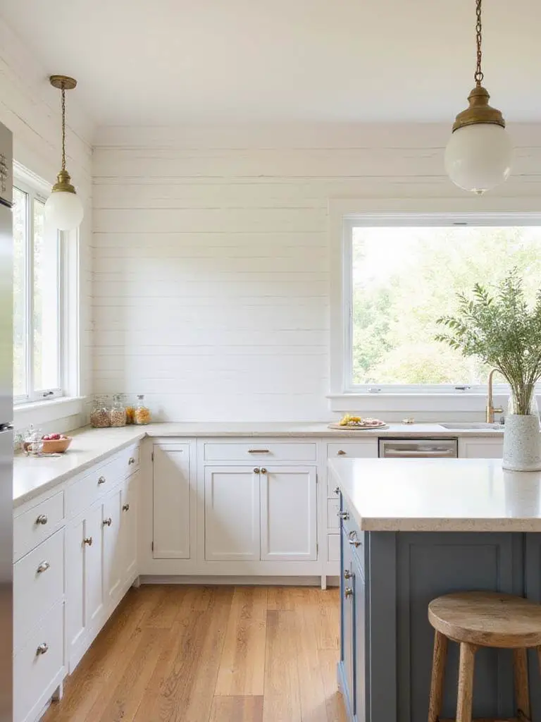 Coastal kitchen with shiplap accent wall, showcasing texture and design without people.