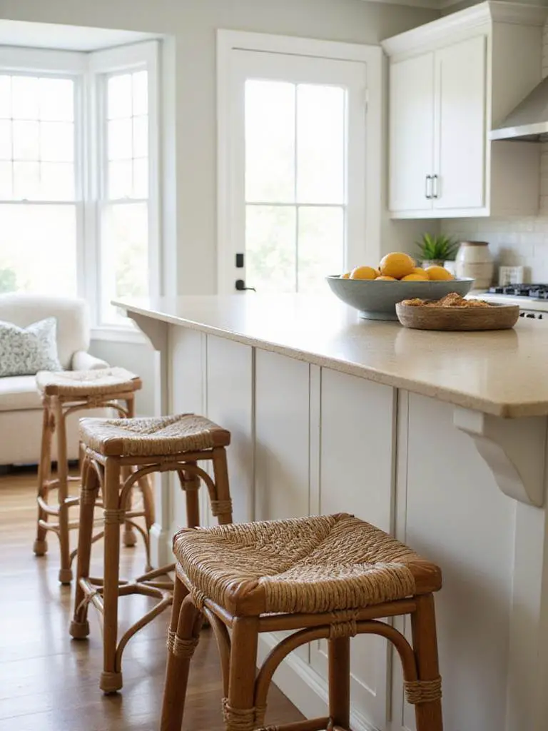 Coastal kitchen island with rattan stools showcasing natural texture and inviting decor.