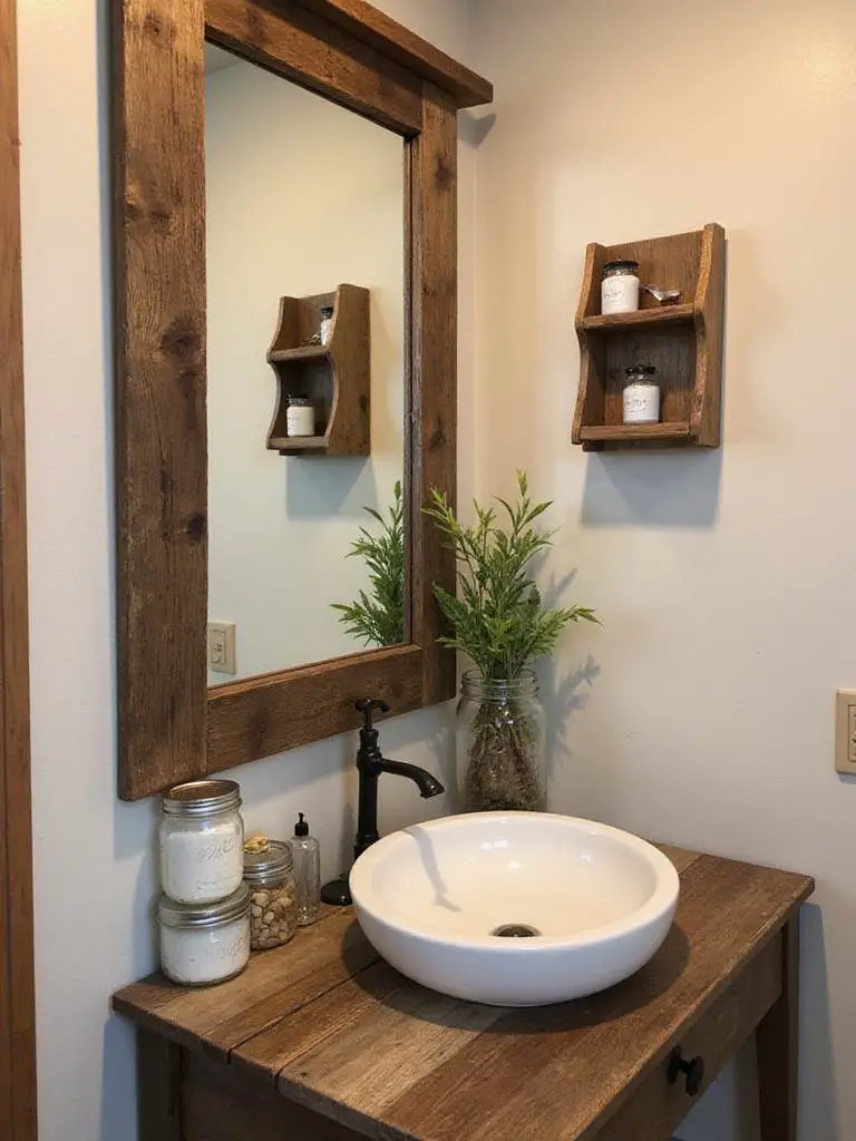 Rustic bathroom decor with reclaimed wood accents and mason jar organizers.