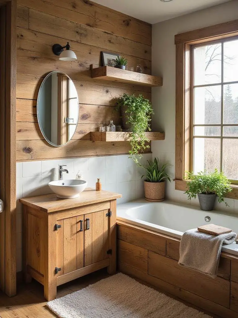 Rustic bathroom featuring DIY pallet wood projects including a vanity and accent wall.