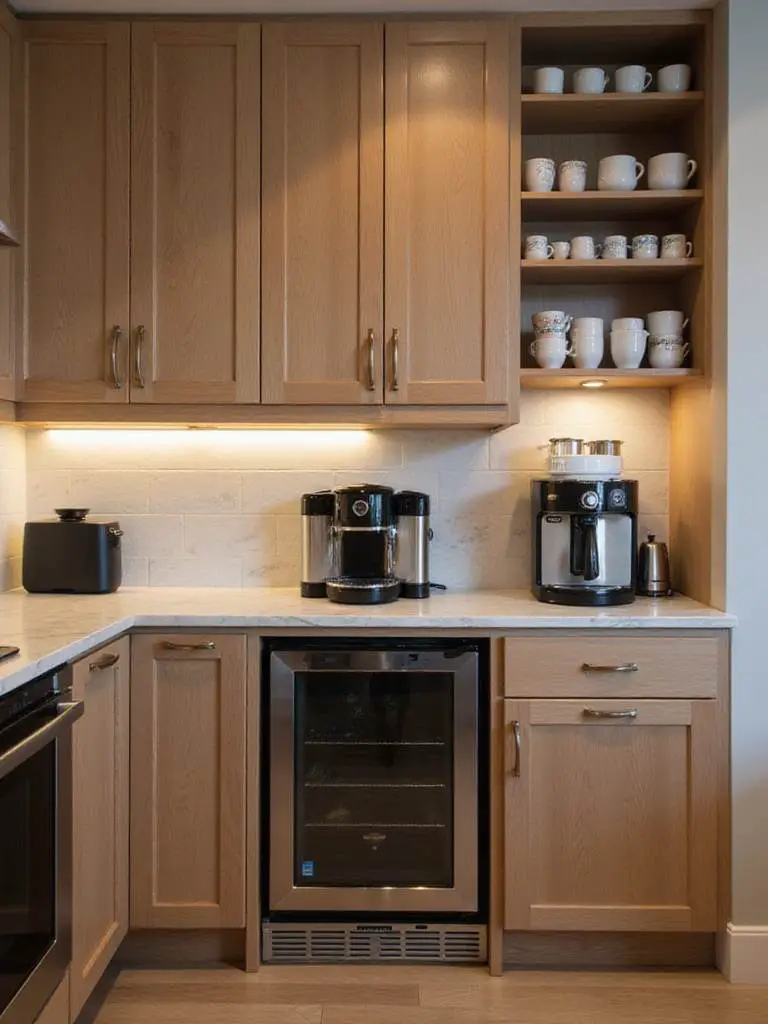 Modern kitchen with a dedicated beverage or coffee bar nook, featuring espresso machine and organized storage.