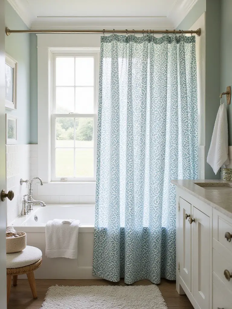 Stylish bathroom with a vibrant statement shower curtain in soft natural light