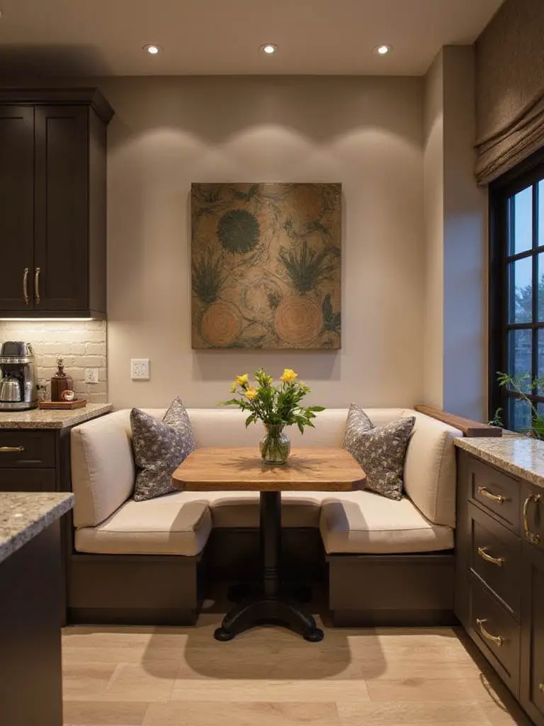 Modern kitchen with comfortable seating area featuring a cozy L-shaped banquette and dining table