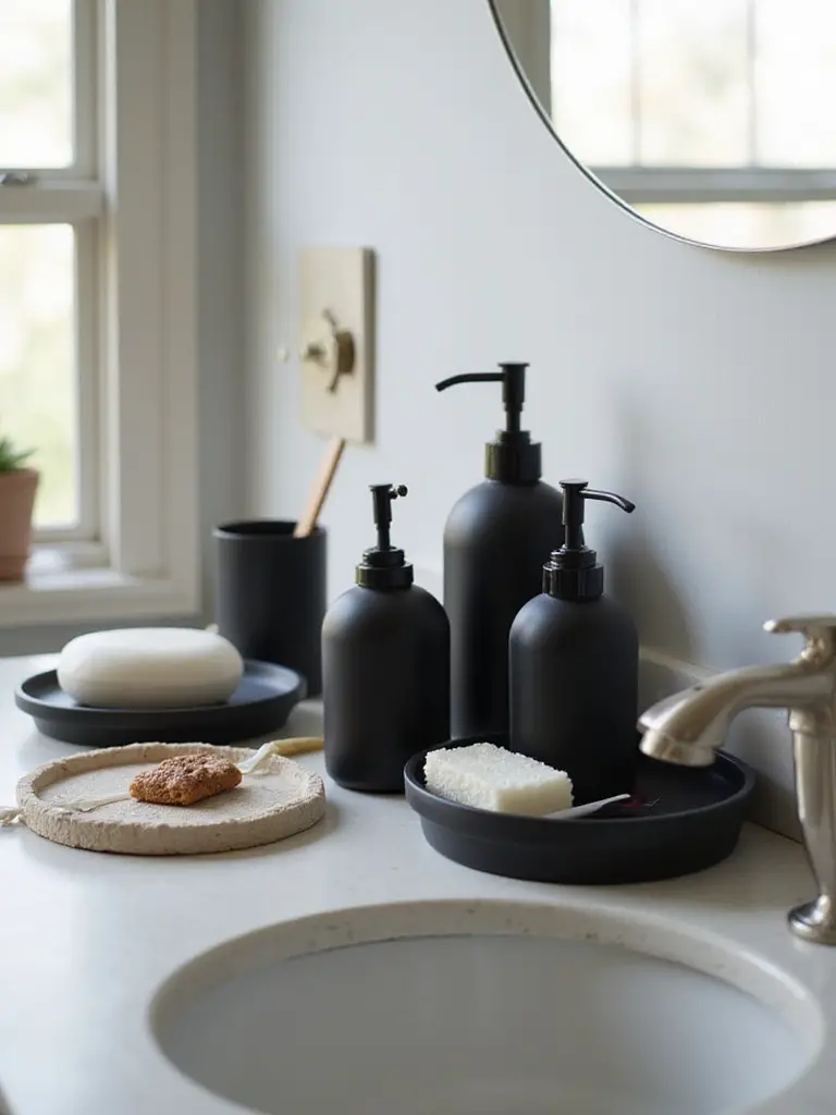 A serene bathroom vanity featuring cohesive matte black ceramic soap dispensers and vanity accessories.