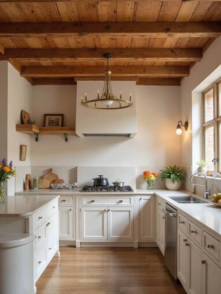 Rustic kitchen with exposed wooden beams and warm lighting