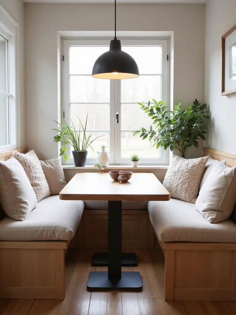 A cozy Scandinavian breakfast nook with light wood furniture, soft cushions, and warm lighting.