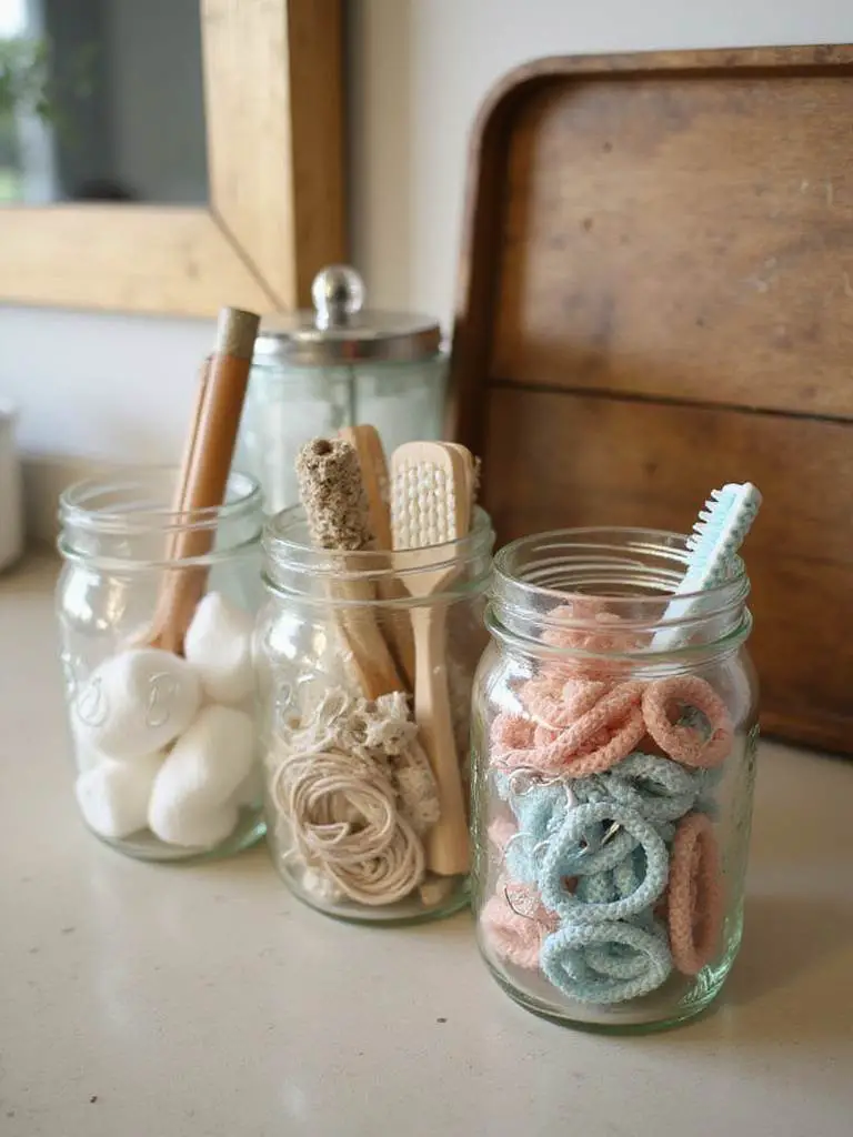 Rustic bathroom countertop organized with repurposed Mason jars filled with bathroom essentials.