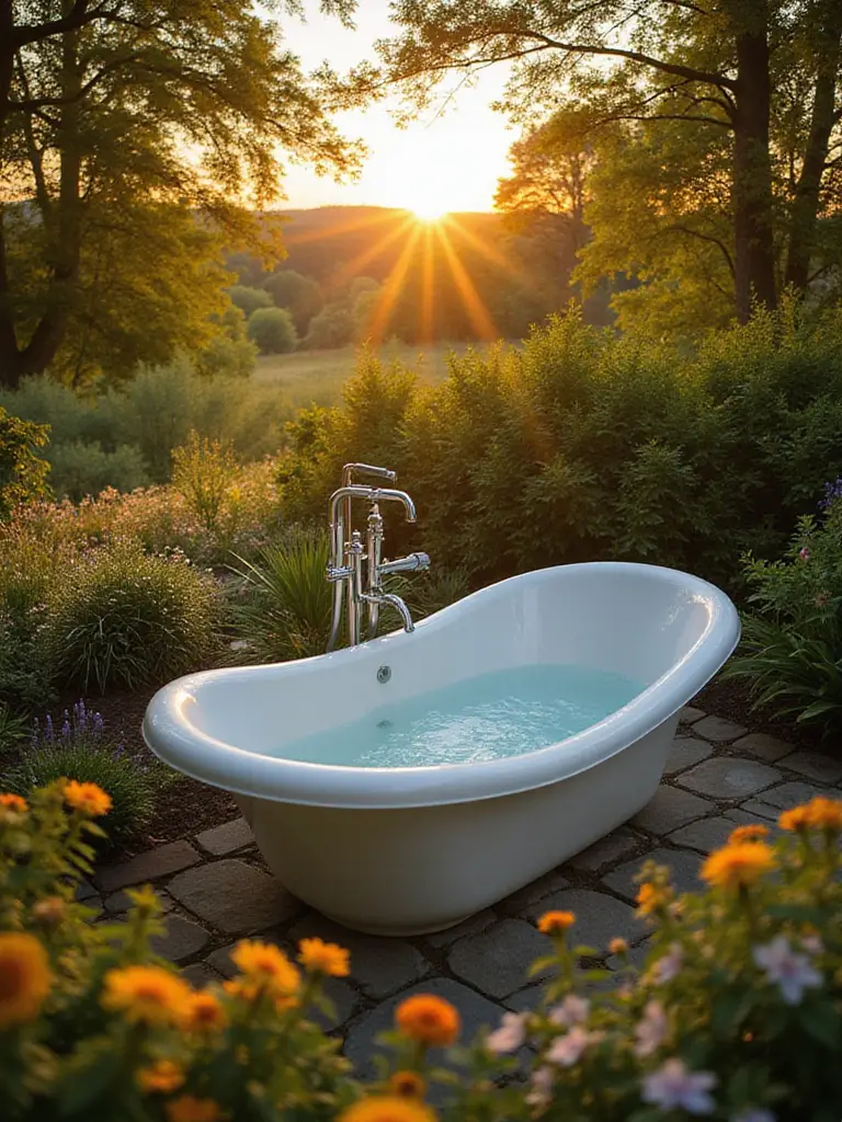 Outdoor soaking bathtub surrounded by nature with sunset lighting