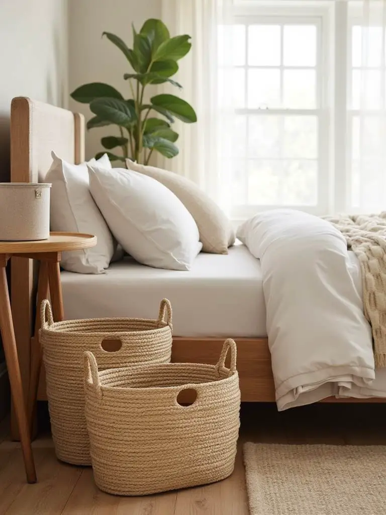 Stylish baskets and containers in a beautifully organized bedroom