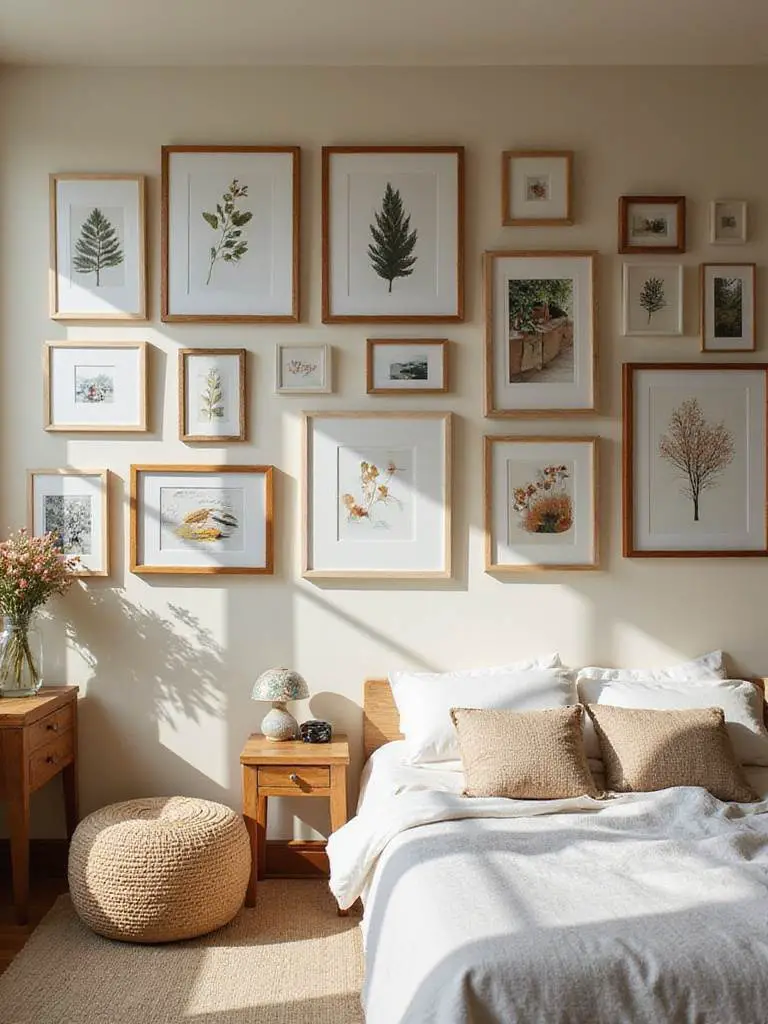 A cozy bedroom featuring a personalized gallery wall with various framed artworks and photographs.