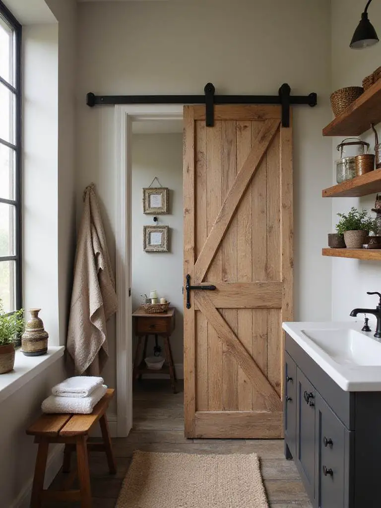 Rustic bathroom featuring a sliding barn door made of reclaimed wood.