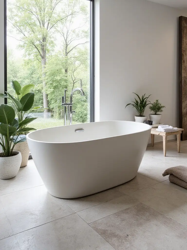 Sleek stone resin bathtub in a modern bathroom setting with natural lighting.