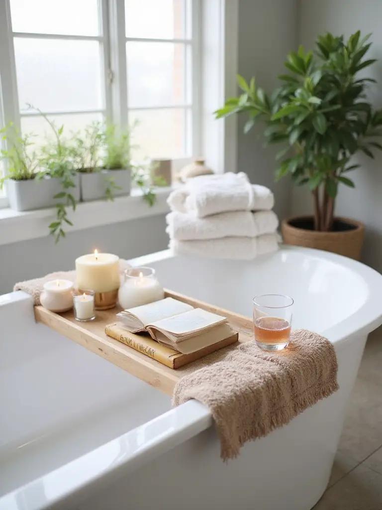 Custom DIY bath caddy with candles and a book on a freestanding bathtub.